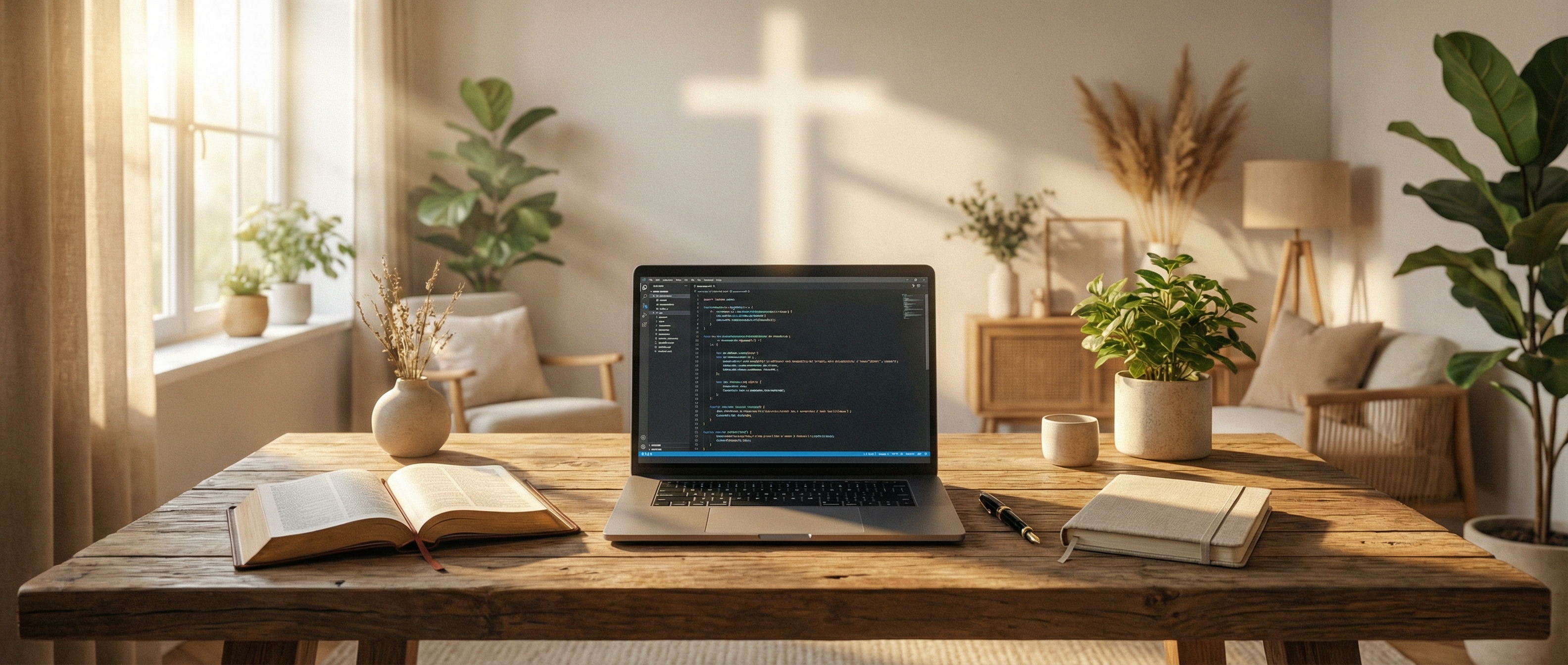 Sunlit workspace blending scripture and code